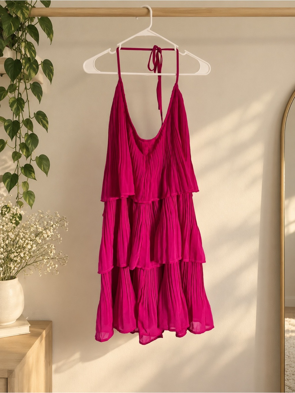 Tiered Pleated Spaghetti-Strap Mini Dress in Magenta